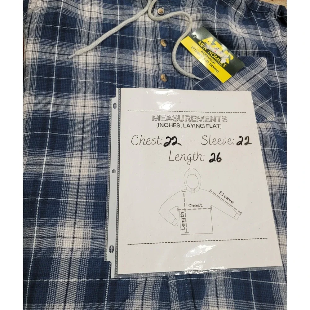 AZUR Hommes Plaid Flannel Hooded Shirt Blue White LongSleeve M Work Grunge Retro